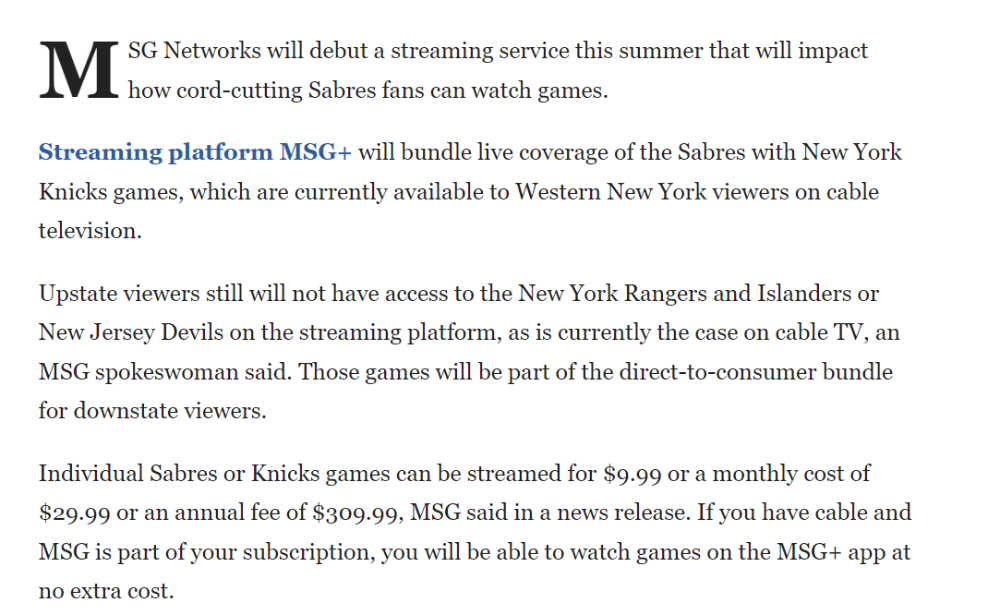 MSG Networks to launch streaming service for Knicks, Rangers